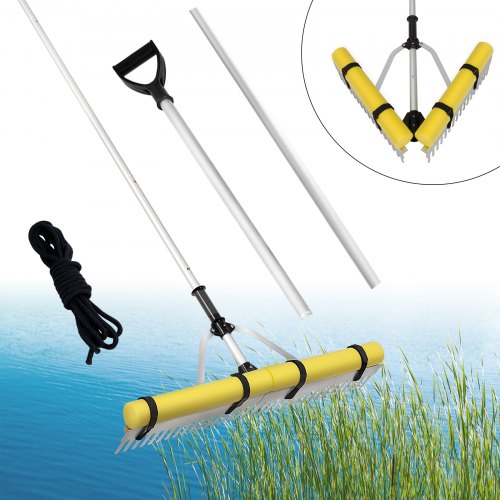 Landscape Rake, 36" Head Aluminum Landscape Rake, Lake Weed Rake with 102.36" Adjustable Extension Handle, Rope and Float, for Loosening Soil, Lawn Care, Weeding Lake, Garden, Pond