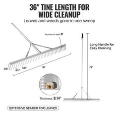 Landscape Rake, 36" Head Aluminum Landscape Rake, Lake Weed Rake with 75" Long Handle, for Loosening Soil, Lawn Care, Weeding Lake, Garden, Pond