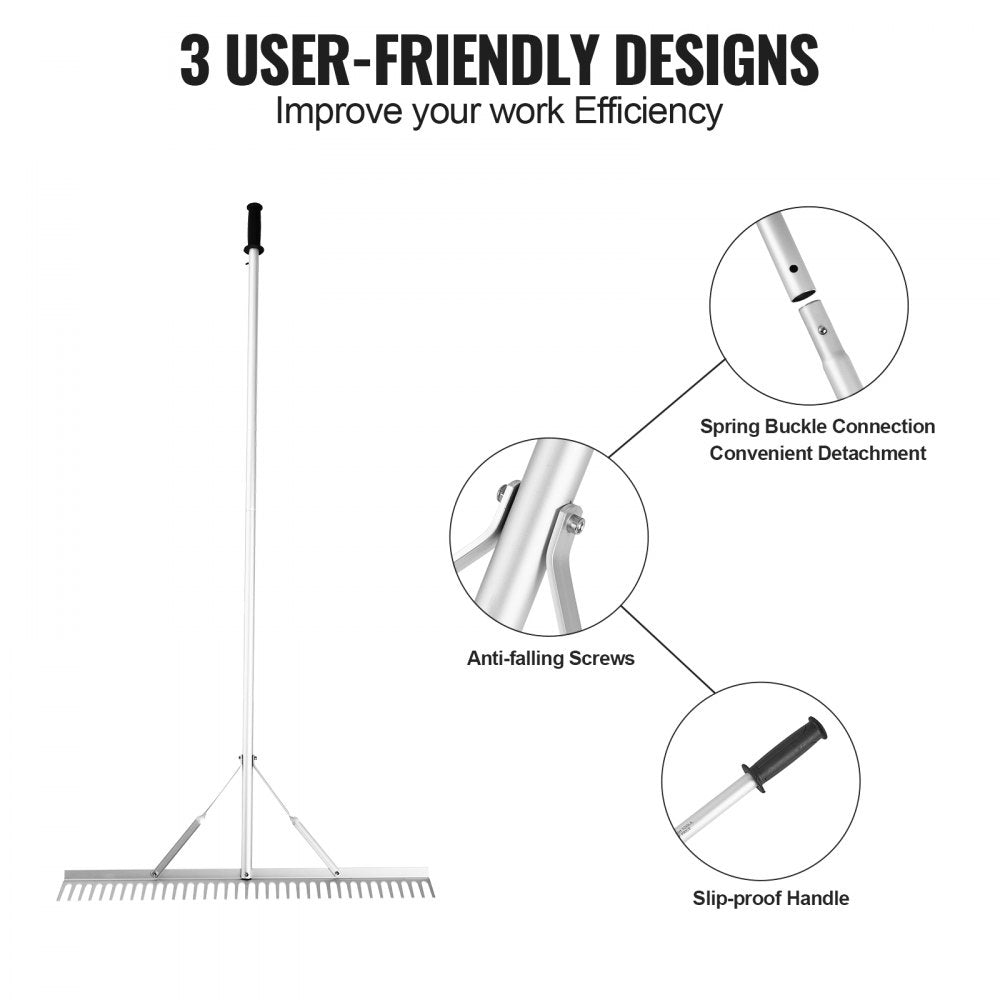 Landscape Rake, 36" Head Aluminum Landscape Rake, Lake Weed Rake with 75" Long Handle, for Loosening Soil, Lawn Care, Weeding Lake, Garden, Pond