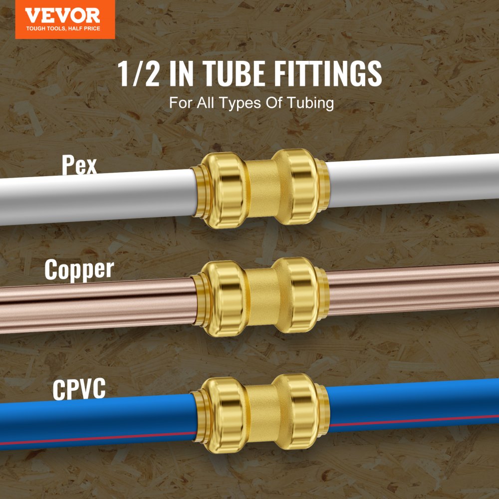 12 brass push-fit straight pipe fittings for 1/2-inch PEX, copper, and CPVC tubing.