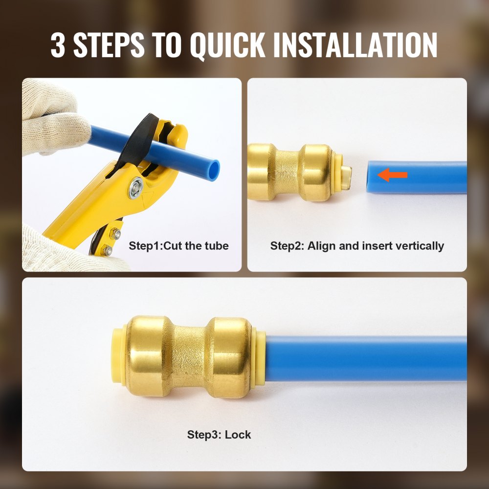 Three-step installation of brass push-fit pipe fitting with blue tubing and cutting tool.