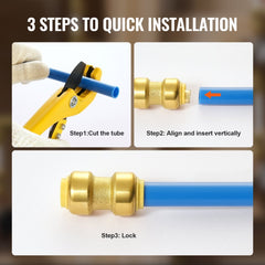Three-step installation of brass push-fit pipe fitting with blue tubing and cutting tool.
