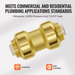 12 gold-colored 1/2-inch brass push-fit straight pipe fittings, lead-free and NSF certified.