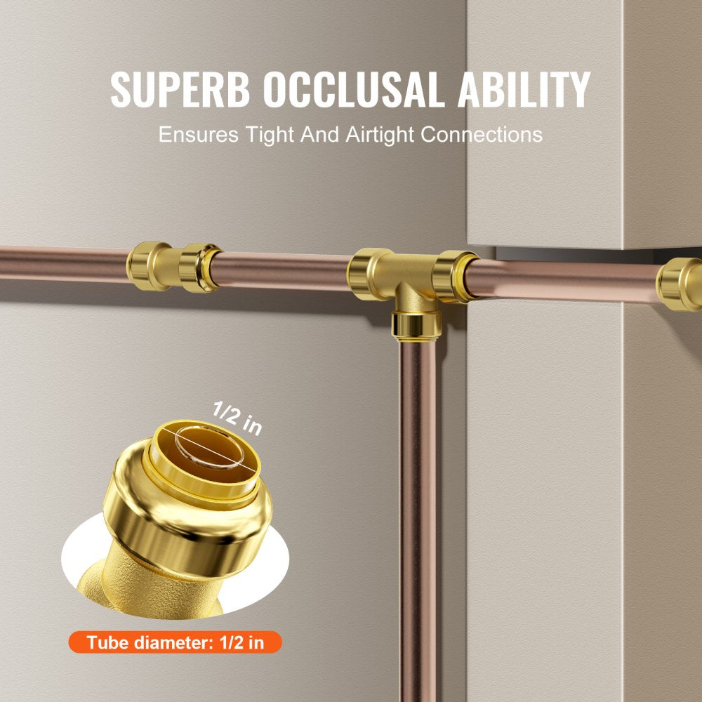12 brass push-fit straight pipe fittings for 1/2-inch tubes, shown connected to copper pipes.