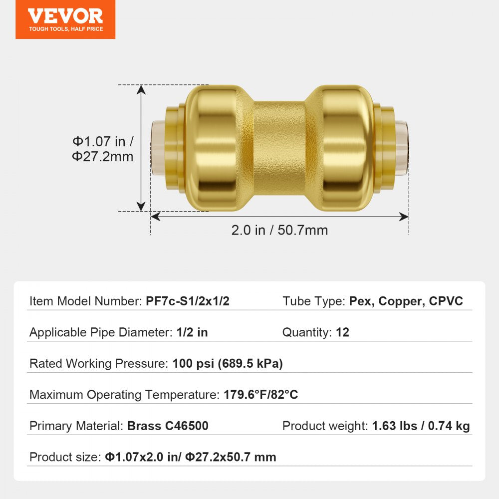 12 brass push-fit straight pipe fittings for 1/2-inch PEX, copper, and CPVC pipes.