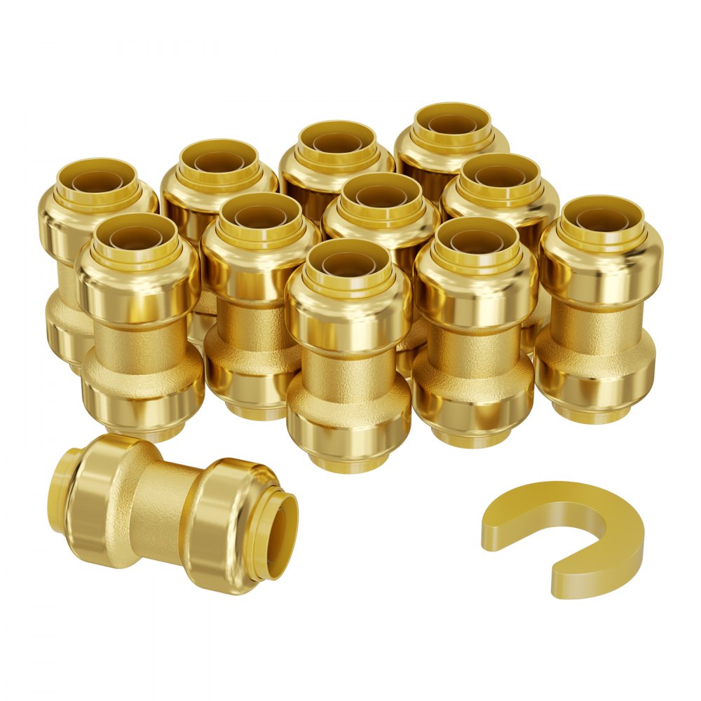 Twelve brass 1/2" push-fit straight pipe fittings with one puller for plumbing connections.