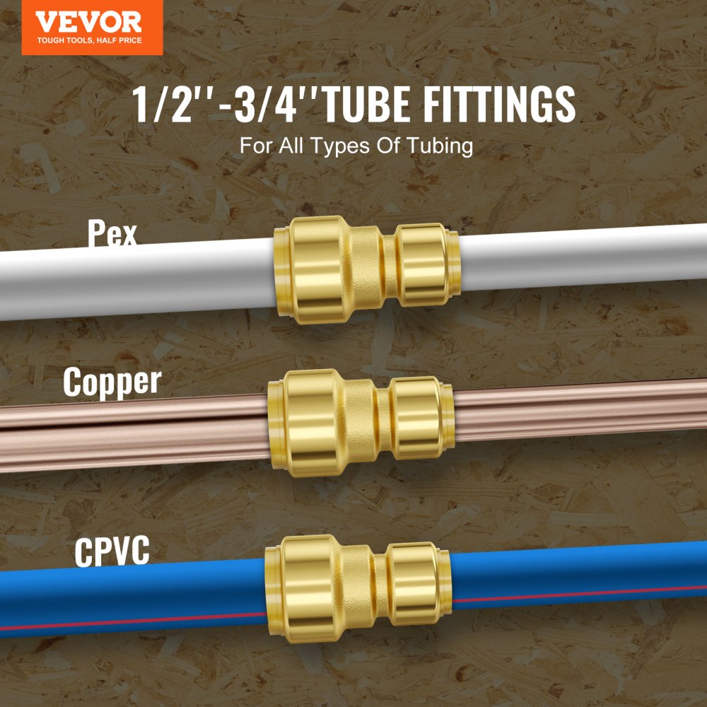 Bostome 12PC brass push-fit pipe fittings for 1/2"-3/4" PEX, copper, and CPVC connections.