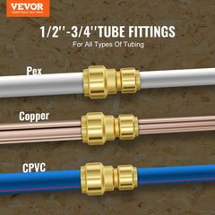 Bostome 12PC brass push-fit pipe fittings for 1/2"-3/4" PEX, copper, and CPVC connections.