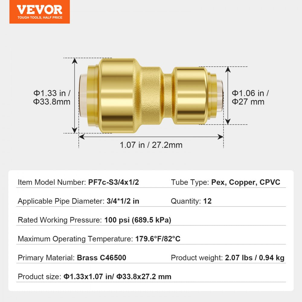 Brass push-fit pipe fittings set for 1/2"-3/4" PEX, copper, and CPVC connections.