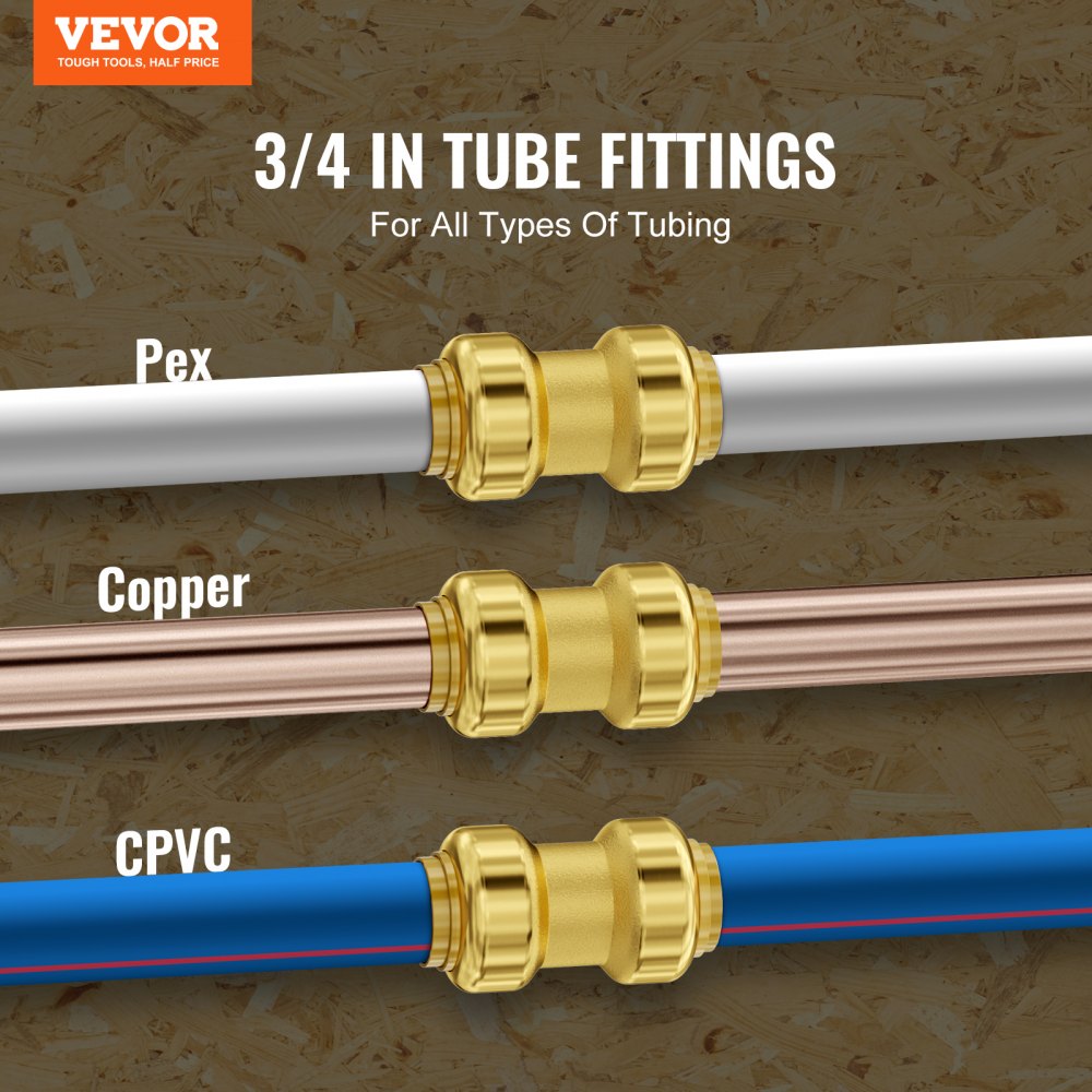 3/4 inch brass push-fit straight pipe connectors for PEX, copper, and CPVC tubing.
