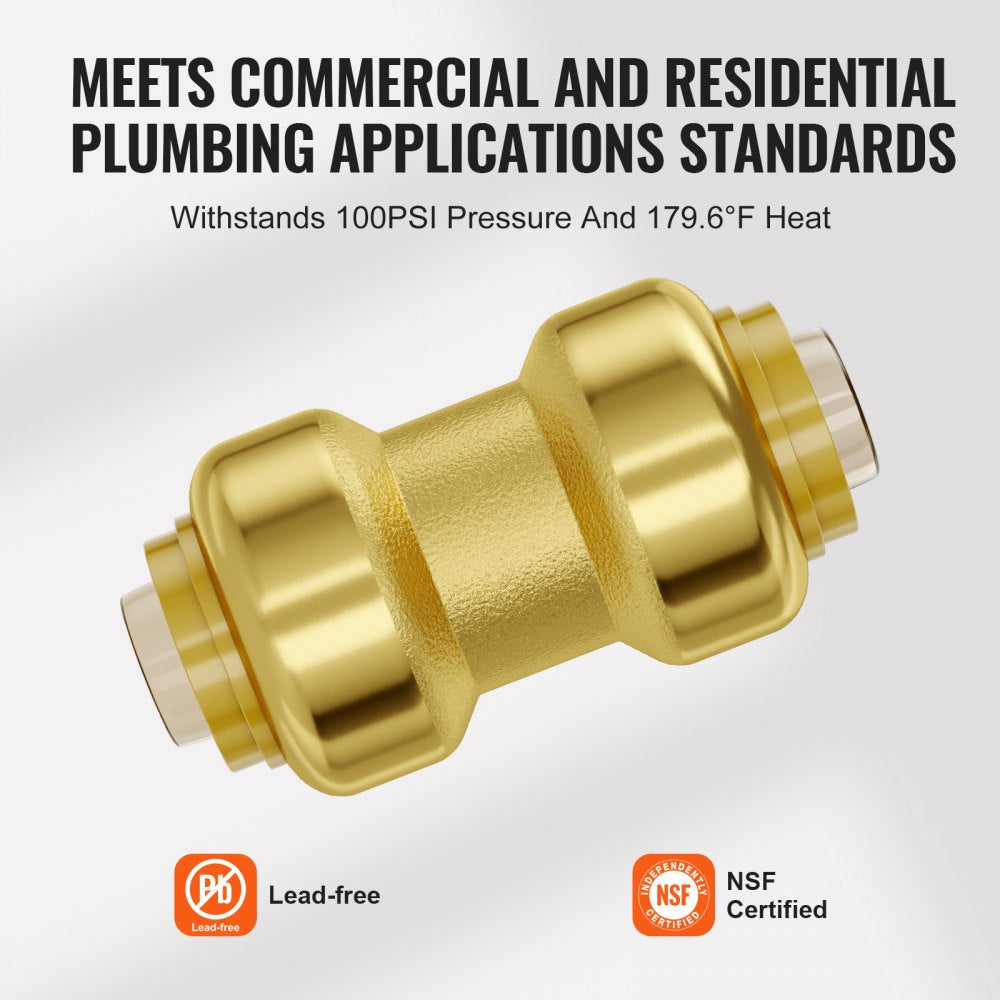 Close-up of 12 gold-colored 3/4-inch brass push-fit straight pipe connectors.