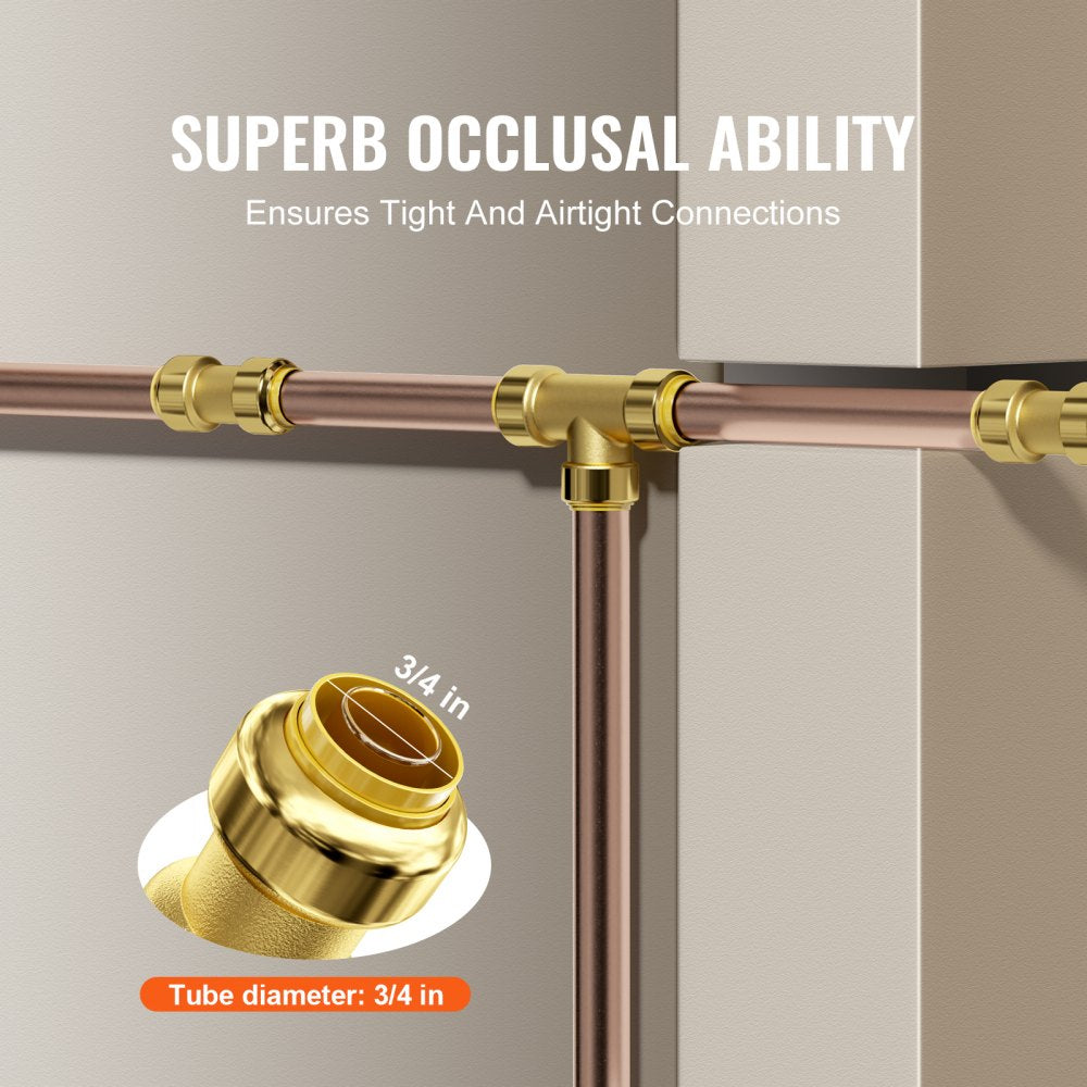 3/4-inch brass push-fit pipe fittings showing straight connectors and superb occlusal ability for tight connections.