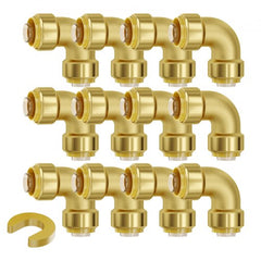 12 gold-colored brass push-fit elbow pipe fittings for 1/2-inch PEX, copper, and CPVC tubing.