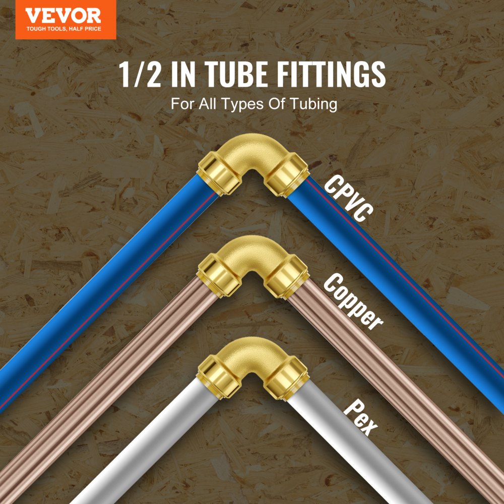 12-pack of 1/2-inch brass push-fit elbow fittings for PEX, copper, and CPVC pipes.