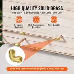 12-piece set of 1/2-inch brass push-fit elbow fittings for PEX, copper, and CPVC pipes, shown installed on a white wall with a close-up of one fitting.