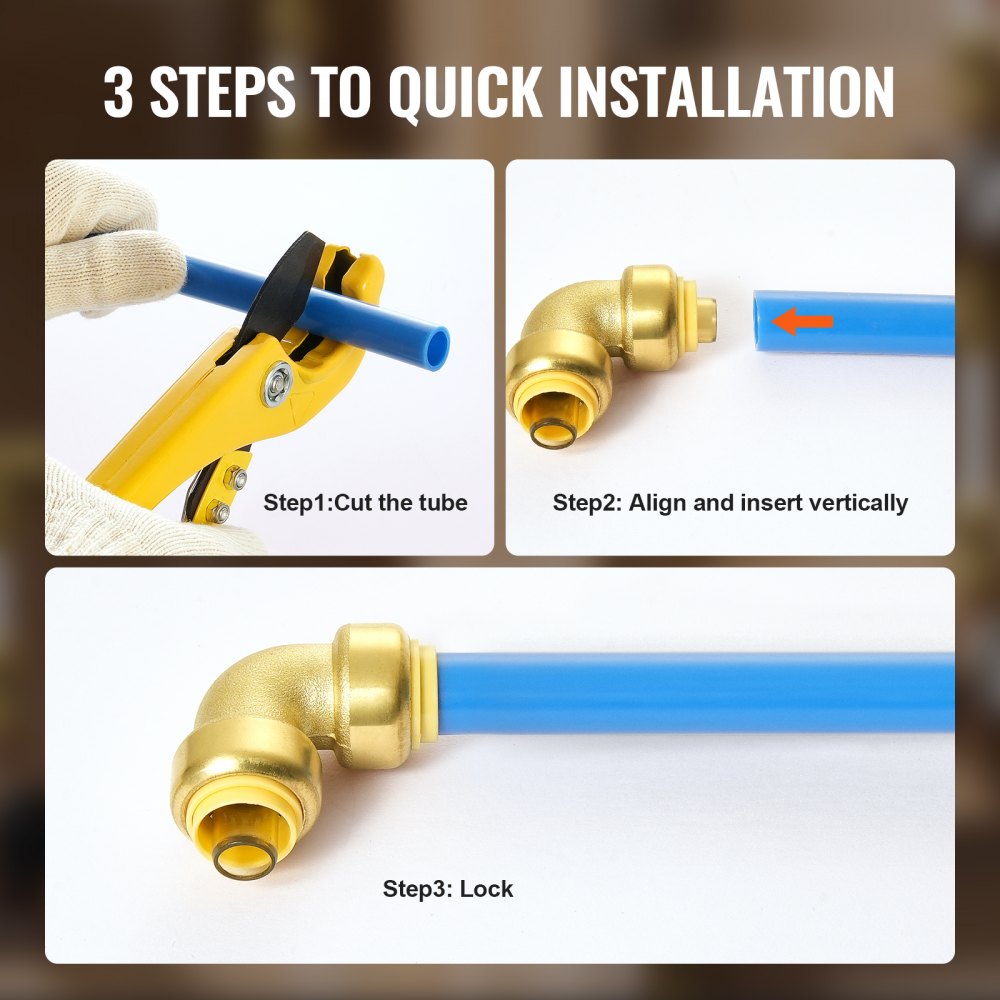 Infographic showing 3 steps to install 1/2-inch brass push-fit elbow pipe fittings on blue PEX tubing.