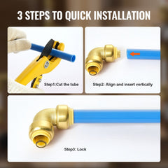 Infographic showing 3 steps to install 1/2-inch brass push-fit elbow pipe fittings on blue PEX tubing.