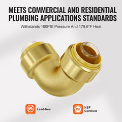 Gold-colored 1/2-inch brass push-fit elbow pipe fitting for PEX, copper, and CPVC plumbing.