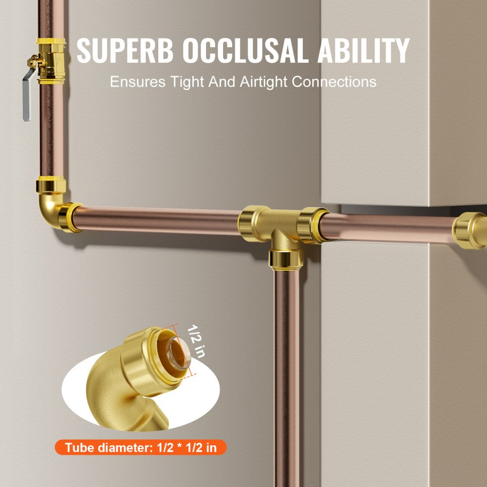 12 brass push-fit elbow pipe fittings for 1/2-inch PEX, copper, and CPVC tubing.