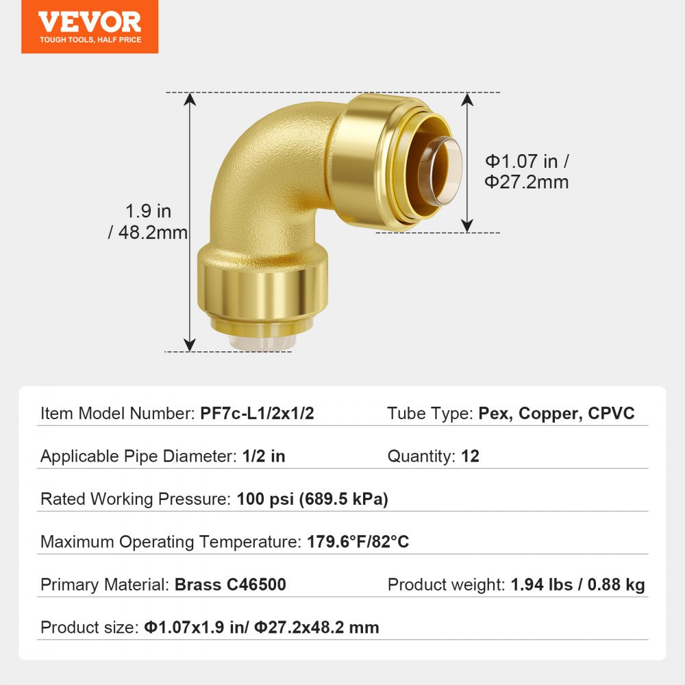 12-piece set of 1/2-inch brass push-fit elbow pipe fittings for PEX, copper, and CPVC.
