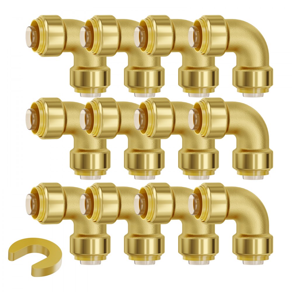 12 gold-colored brass push-fit elbow pipe fittings for 1/2-inch PEX, copper, and CPVC tubing.