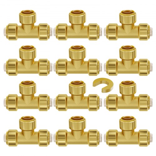 Twelve brass 1/2 inch push-fit tee fittings for PEX, copper, and CPVC pipes with pipe puller.
