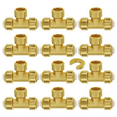 Twelve brass 1/2 inch push-fit tee fittings for PEX, copper, and CPVC pipes with pipe puller.