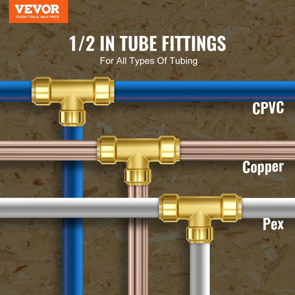 Set of 12 brass push-fit tee fittings for 1/2 inch PEX, copper, and CPVC pipes.