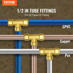 Set of 12 brass push-fit tee fittings for 1/2 inch PEX, copper, and CPVC pipes.