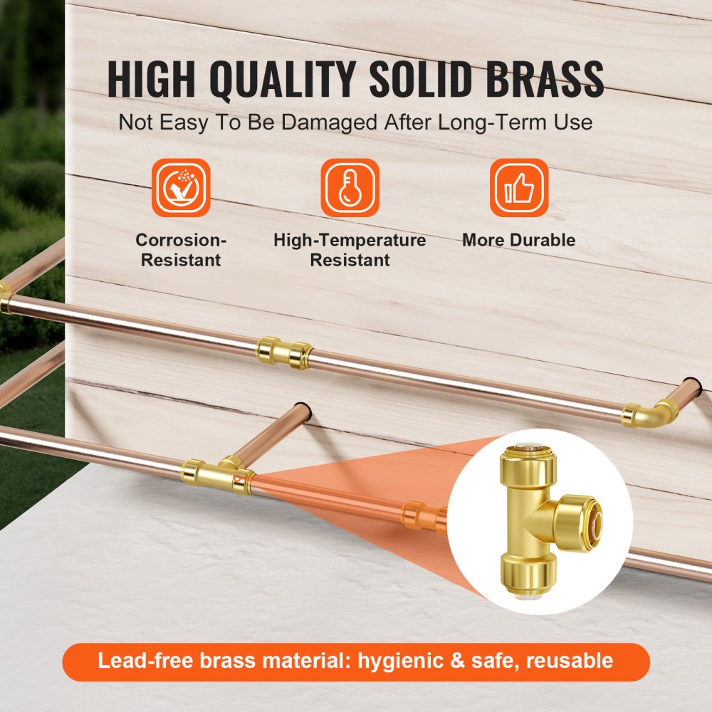 Set of 12 brass push-fit tee fittings for PEX, copper, and CPVC pipes with corrosion resistance.
