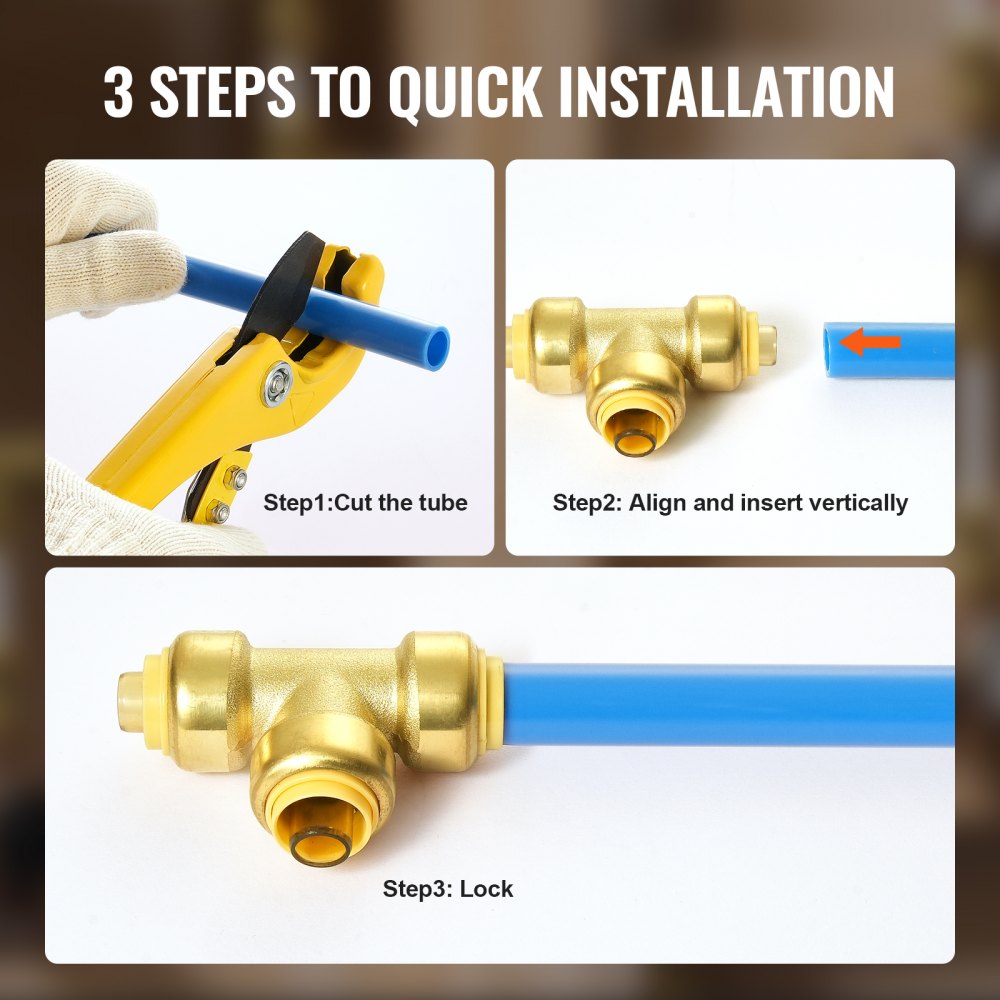 Brass push-fit tee fitting with blue pipe showing cutting, aligning, and locking steps.