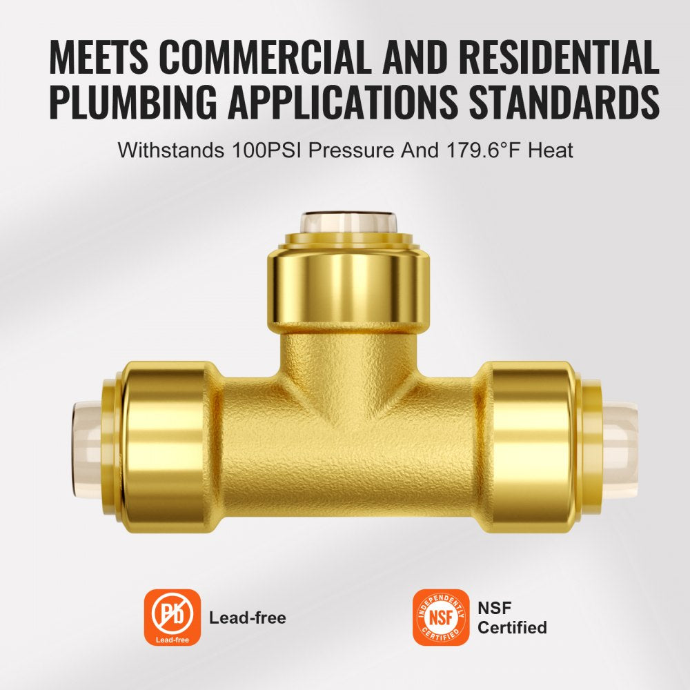 Brass push-fit tee fitting for PEX, copper, and CPVC pipes, lead-free and NSF certified.