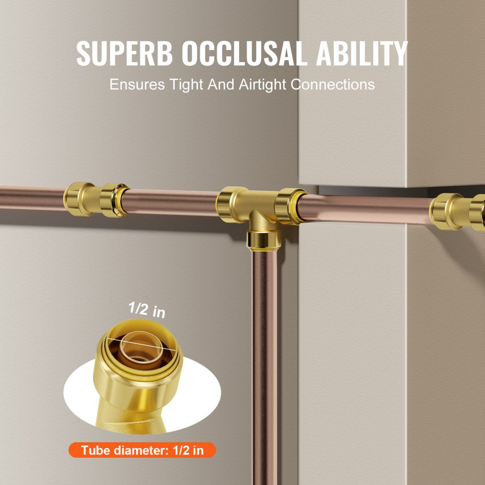 Brass push-fit tee fitting connecting copper pipes with 1/2 inch diameter for plumbing.