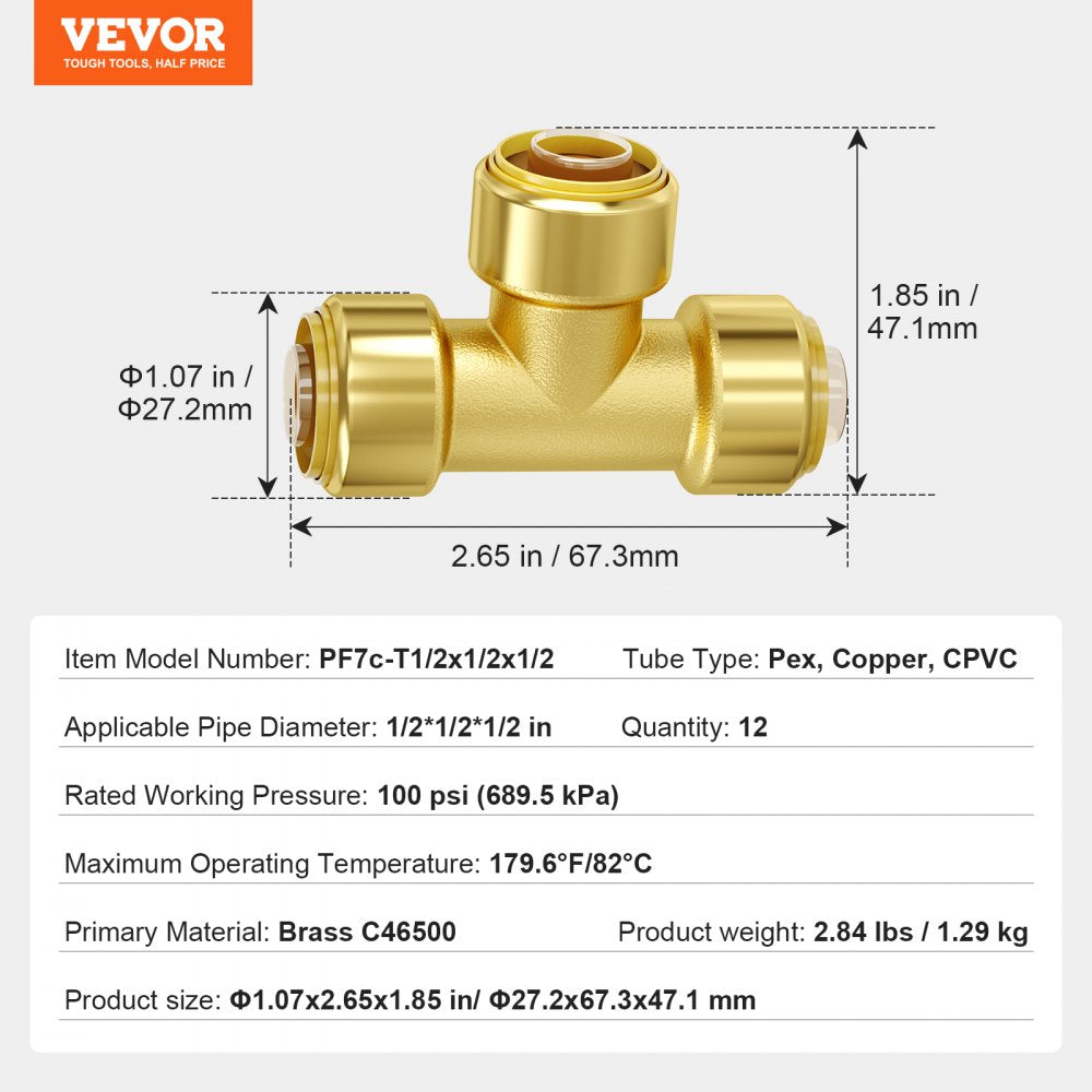 Brass push-fit tee fitting for 1/2 inch PEX, copper, and CPVC pipes with dimensions shown.