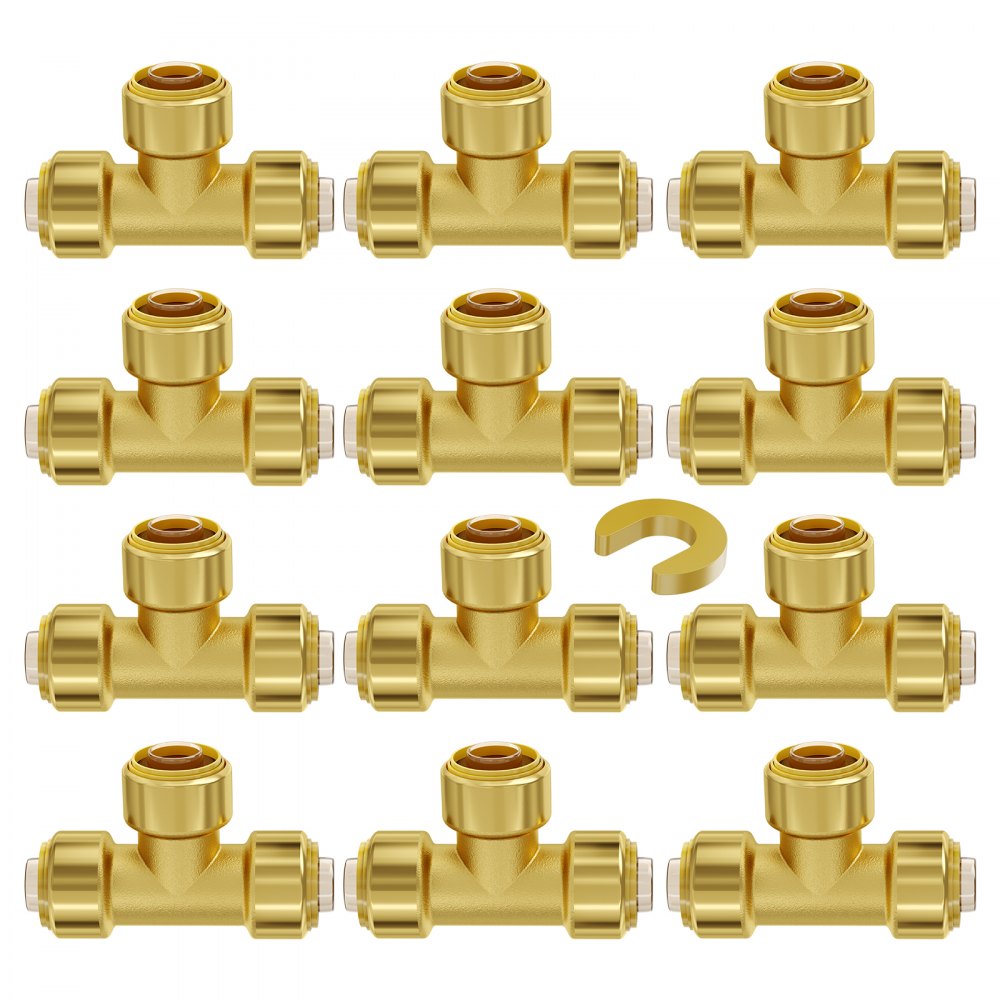 Twelve brass push-fit tee fittings for 1/2 inch PEX, copper, and CPVC pipes.
