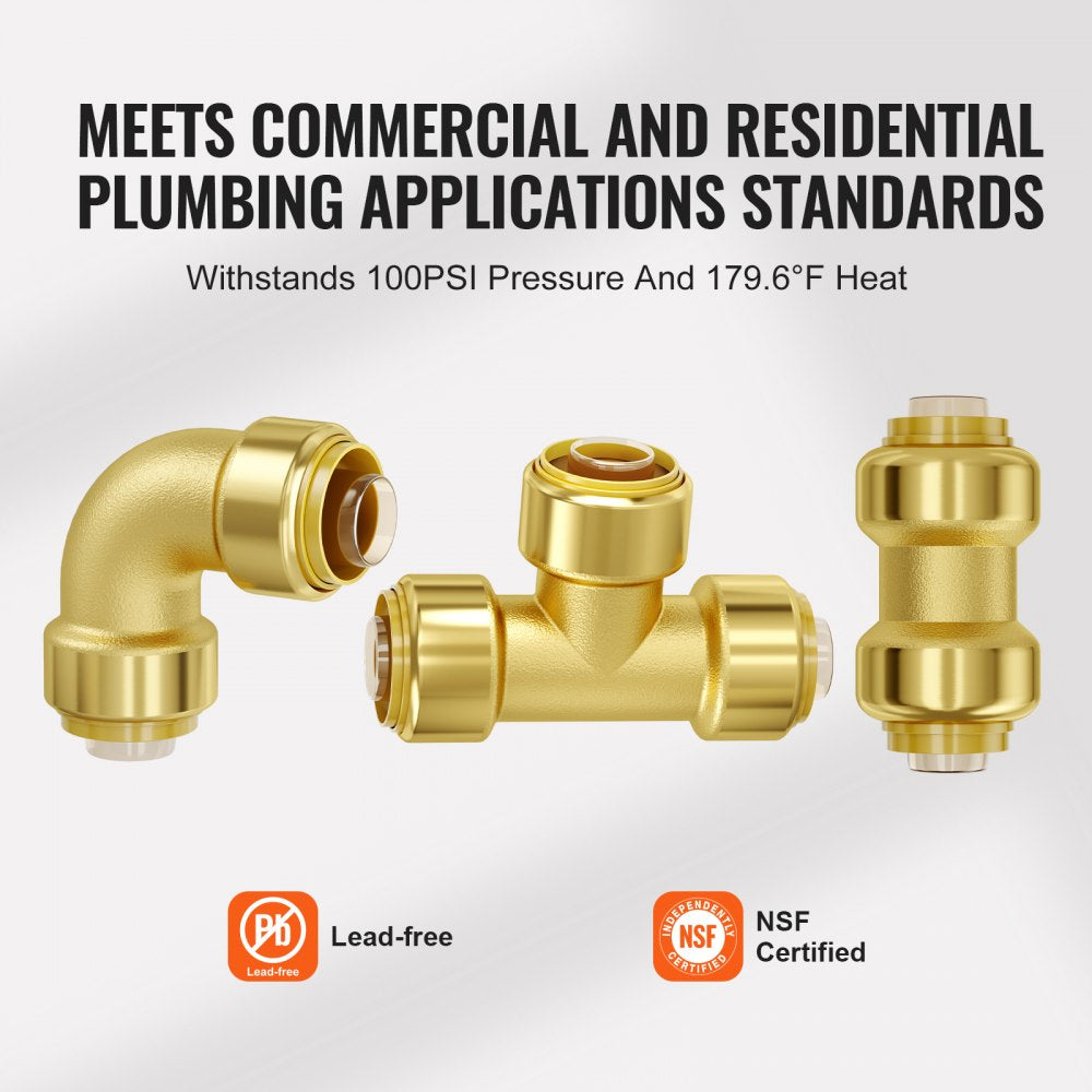 25-piece kit of 1/2-inch brass push-fit pipe fittings including straight connectors, elbows, and tees.