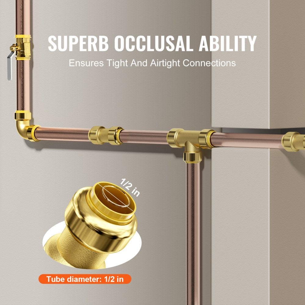 Brass push-fit pipe fittings kit with straights, elbows, tees, and removal tool for 1/2 inch pipes.