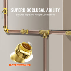Brass push-fit pipe fittings kit with straights, elbows, tees, and removal tool for 1/2 inch pipes.