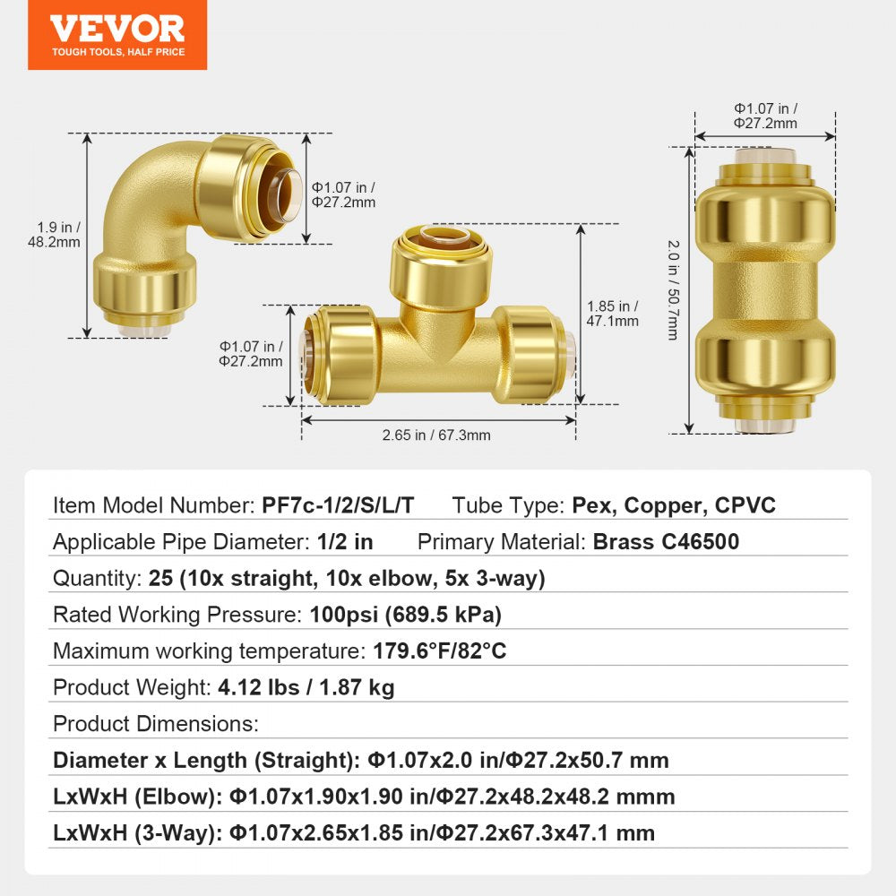 25-piece brass push-fit pipe fittings kit with 1/2-inch straights, elbows, and tees.
