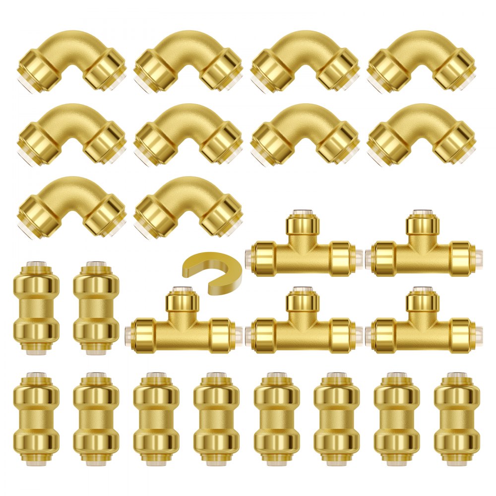 A 25-piece kit of 1/2-inch brass push-fit pipe fittings, including straight couplers, elbow connectors, and tee fittings.