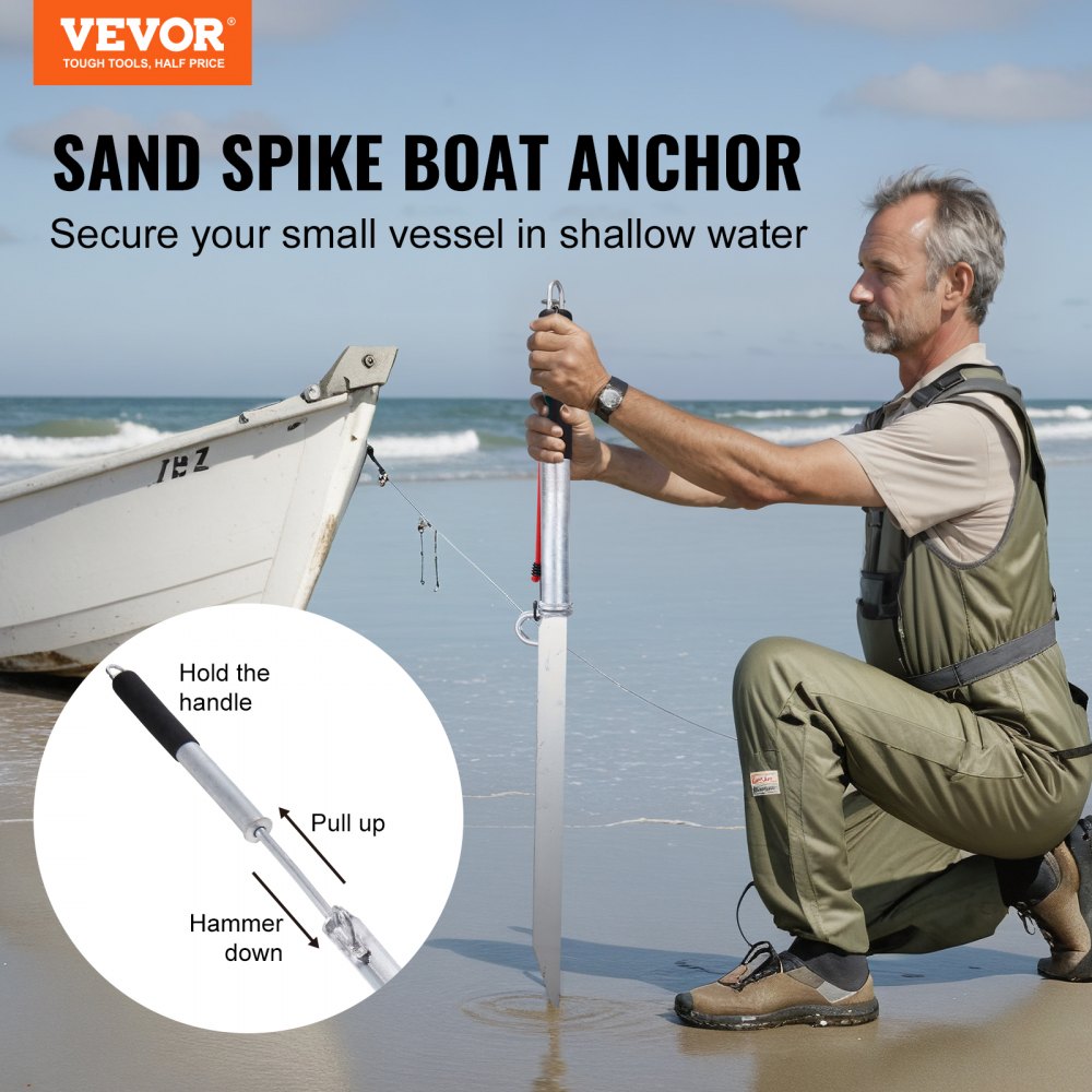 Sand Spike Boat Anchor Pole, 36" Galvanized Carbon Steel Slide Anchor Shore Spike, Self-Hammering Beach Spike Anchor for Small Boat Jetski Pontoon Kayak, with Bungee Cord and Oxford Storage Bag