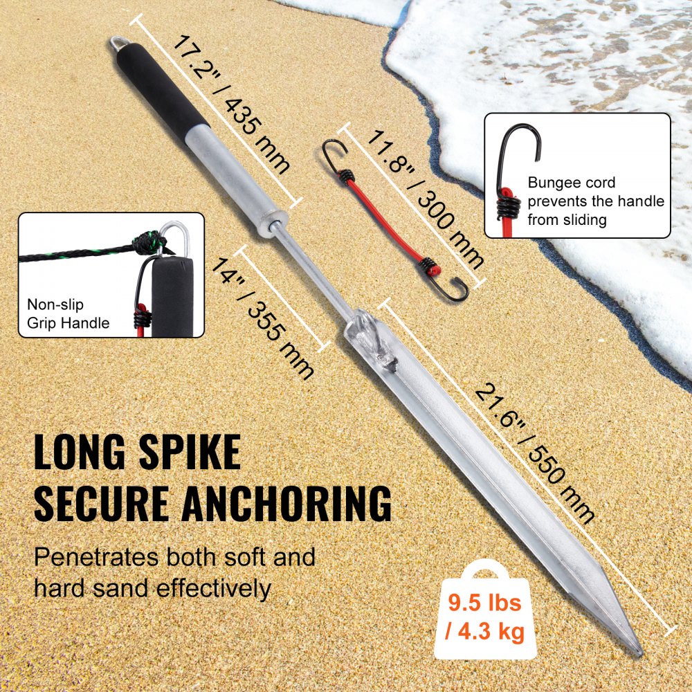 Sand Spike Boat Anchor Pole, 36" Galvanized Carbon Steel Slide Anchor Shore Spike, Self-Hammering Beach Spike Anchor for Small Boat Jetski Pontoon Kayak, with Bungee Cord and Oxford Storage Bag