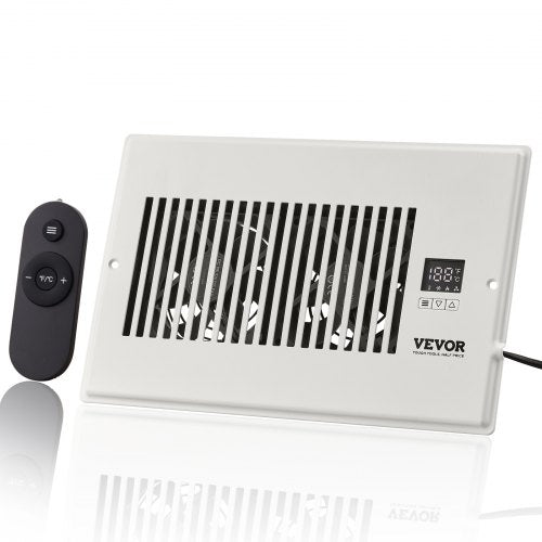 White Bostome quiet register booster fan for 6x10 vents with remote and LCD thermostat display.
