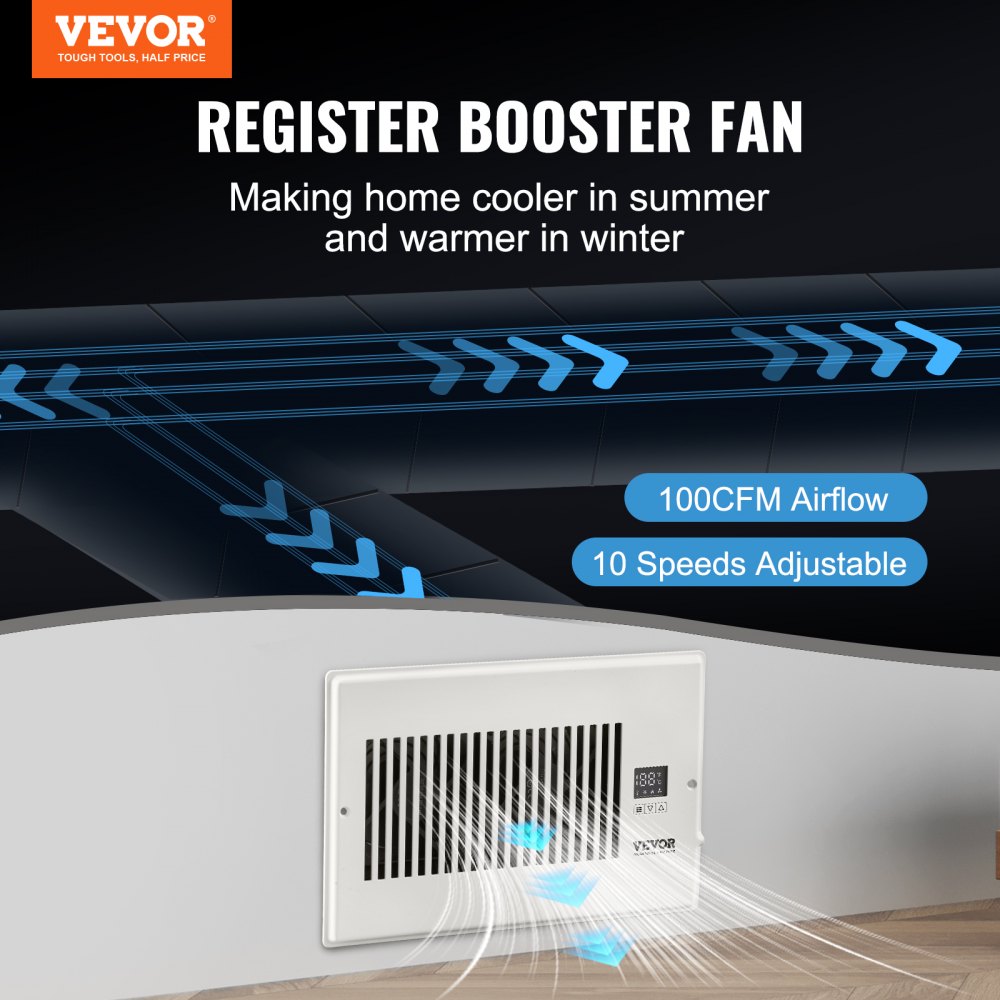 White Bostome quiet register booster fan for 6x10 vents with remote thermostat and 10 speeds, installed in wall.