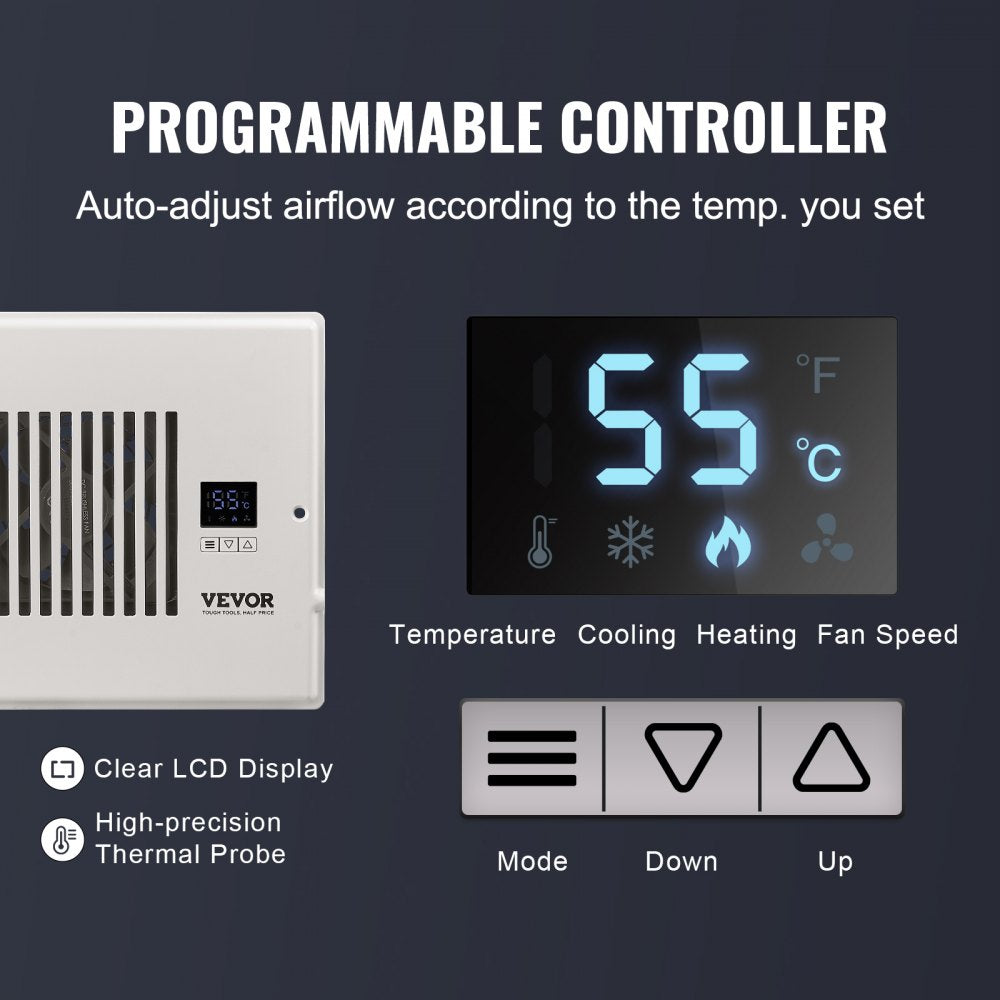 Quiet register booster fan for 6x10 vents with programmable LCD thermostat and remote control.