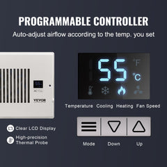 Quiet register booster fan for 6x10 vents with programmable LCD thermostat and remote control.