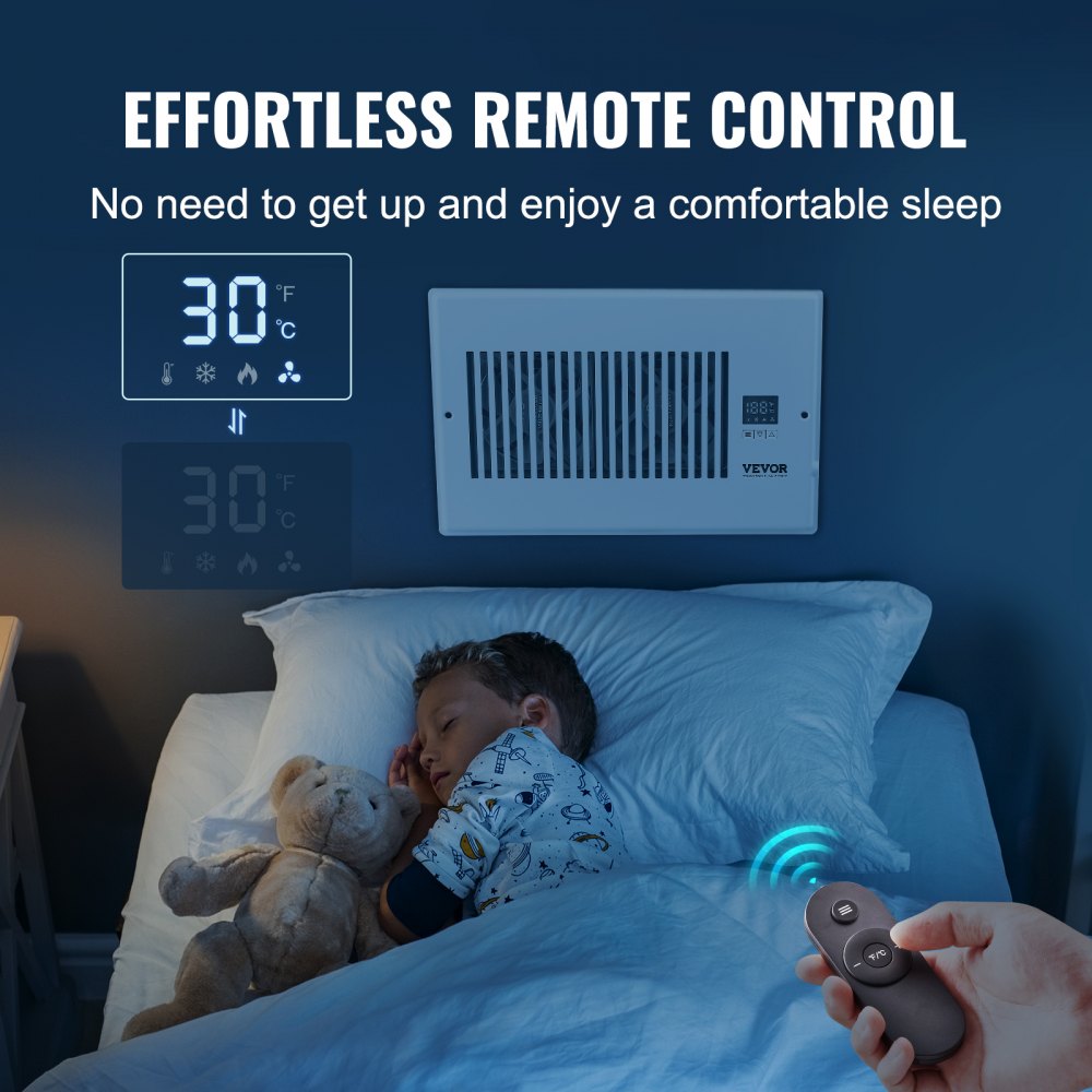 Quiet register booster fan in a vent with remote control and LCD thermostat displaying 30°C.