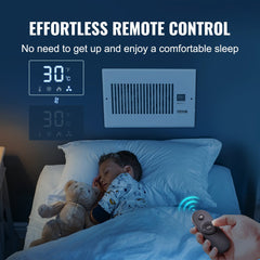 Quiet register booster fan in a vent with remote control and LCD thermostat displaying 30°C.