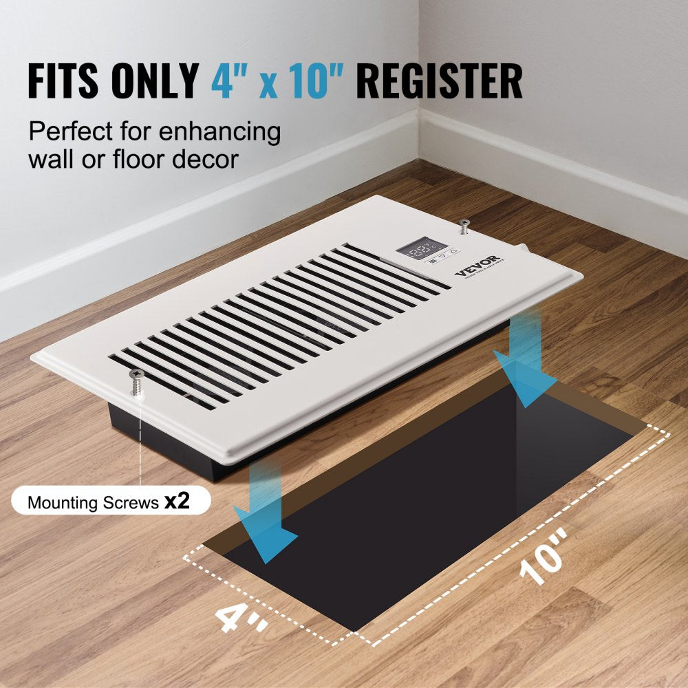 White Bostome quiet register booster fan for 4x10 vents with remote thermostat and mounting screws.