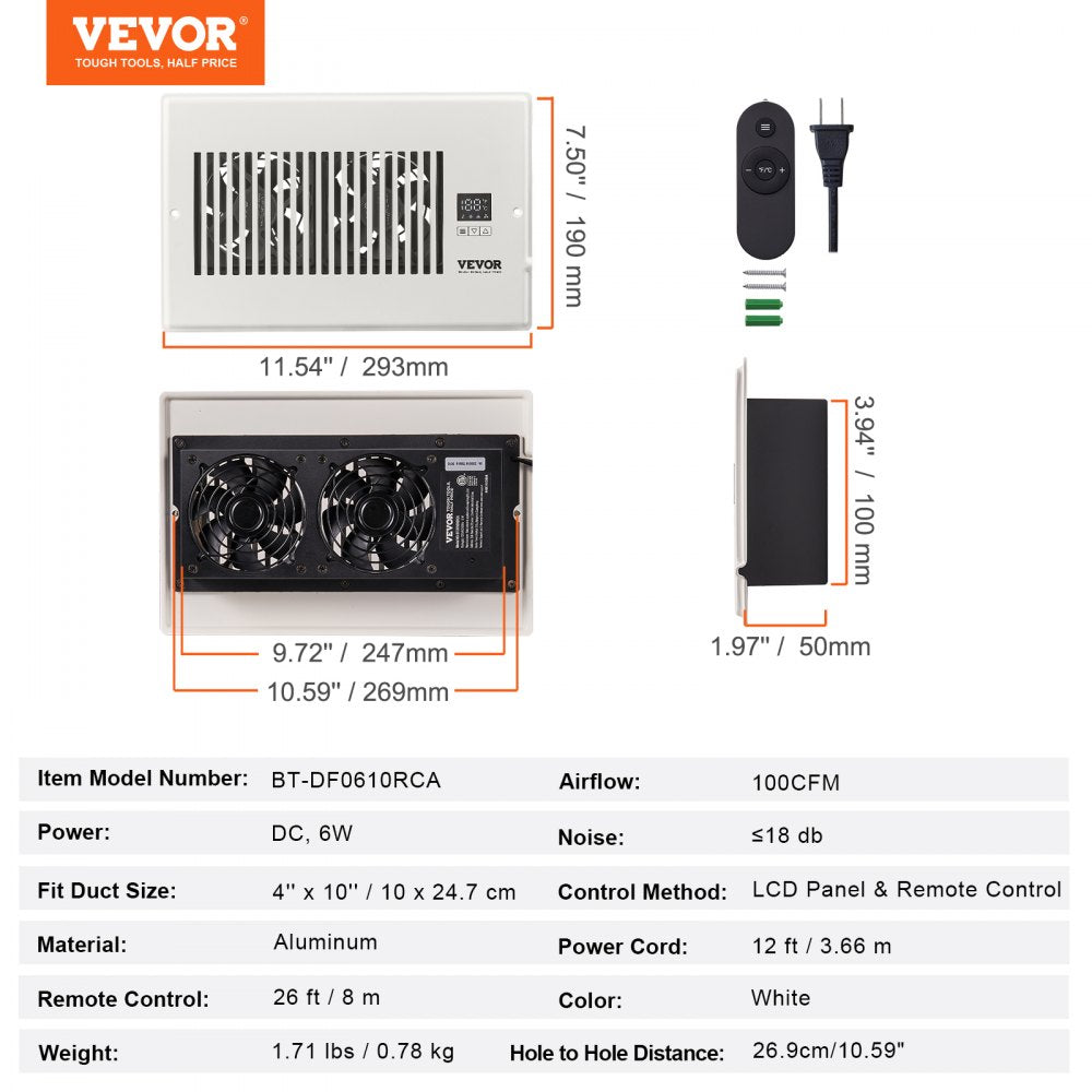 White Bostome quiet register booster fan for 6x10 vents with LCD panel, remote, and dimensions.